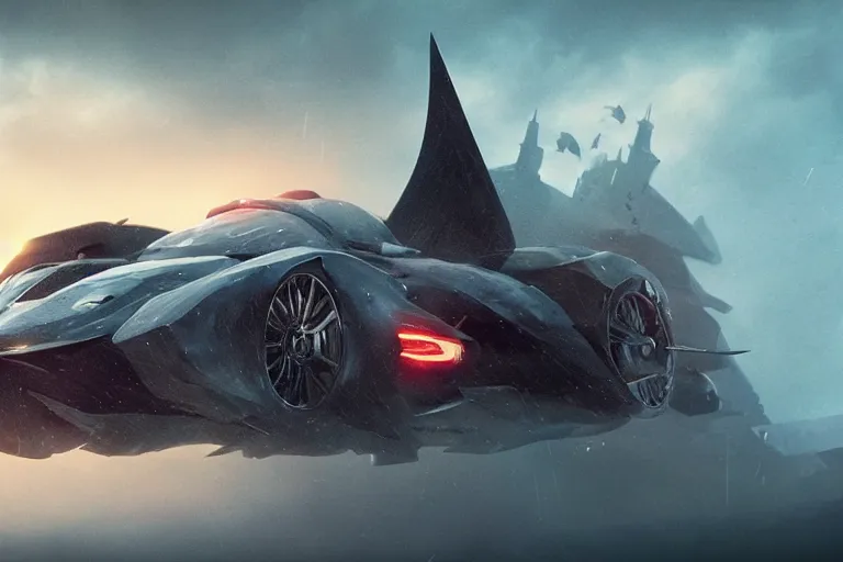 Image similar to the batmobile caught in the flow of time. octane render. 8 k. dark. atmospheric. cinematic. spectacular. sense of awe. mist. strong winds. sunrise. super slowmotion. matte painting painted by sparth and peter mohrbacher