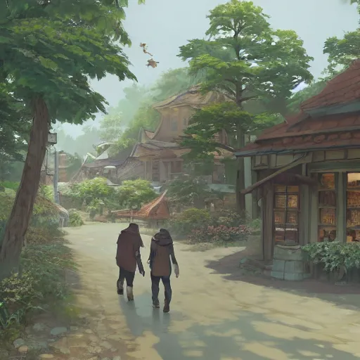 Image similar to concept art painting of a historic bakery with european and japanese architecture, in a woodland village surrounded by trees, realistic, detailed, cel shaded, in the style of makoto shinkai and greg rutkowski and james gurney