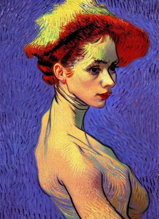 Image similar to !! portrait of a beautiful parisian dancer!!, detailed face, symmetrical painting, beautiful expressionist oil painting masterpiece, 8 k resolution, by van gogh, smooth, sharp focus, pastel color palette, trending on artstation