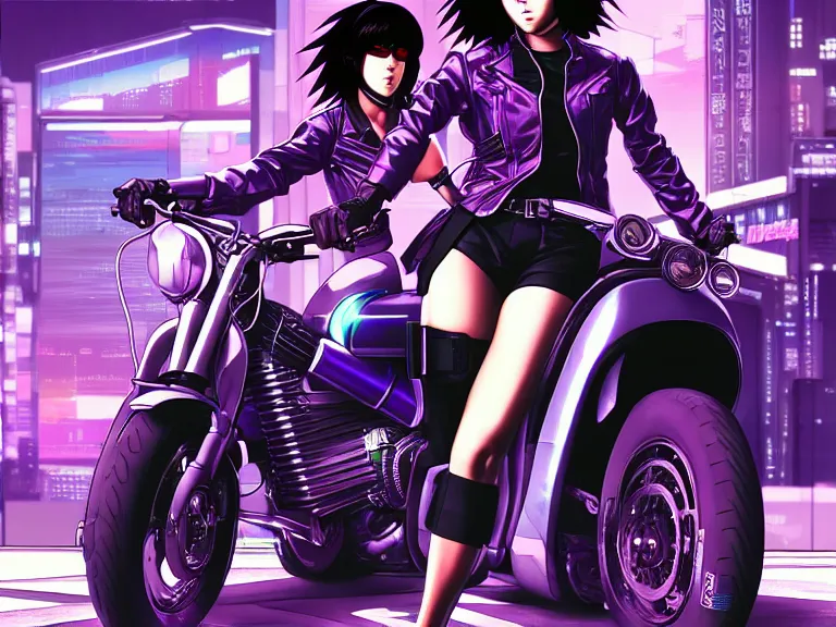 Image similar to motoko kusanagi riding a cyberpunk vehicle in a grungy cyberpunk megacity, bosozoku gang war, cyberpunk vaporwave, by phil jimenez, artgerm, sola digital arts, anti aliasing, raytracing