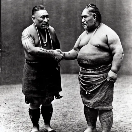 Image similar to a tattooed maori dignitary shakes hands with a 2 0 th century english caucasian industrialist, colorized 1 9 0 4 photo, kodak camera, historical event, credit the national archives of the united kingdom