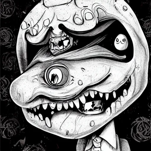 Image similar to grunge drawing of a cartoon clown monster with big bloody eyes and a wide smile by mrrevenge, corpse bride style, horror themed, detailed, elegant, intricate