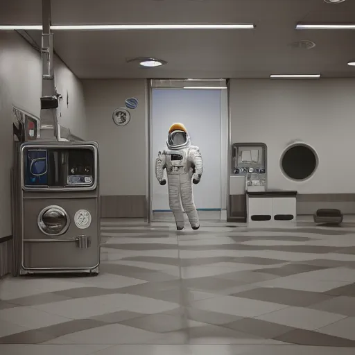 Prompt: a beautiful photo of an astronaut waiting in a laundromat, 1970', soft light, photorealistic, realistic, octane, 8k, cinematic shot
