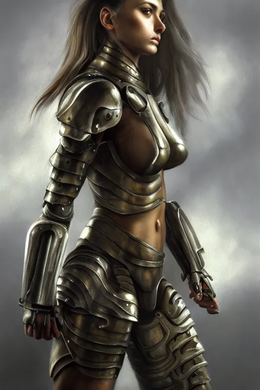 Image similar to a photorealistic painting of an attractive young girl, partially clothed in dull metal-plated battle armor, olive skin, long dark hair, beautiful bone structure, symmetric facial features, perfect eyes, intricate, elegant, slim muscular body, natural physique, digital painting, concept art, finely detailed, illustration, sharp focus, minimal artifacts, from Metal Gear, by Greg Rutkowski, in the style of Ruan Jia and Mandy Jurgens and Artgerm and William-Adolphe Bouguerea, trending on Artstation, award winning