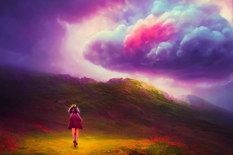 Prompt: giant dahlia flower crown under head, girl walking on mountain, surreal photography, colorful storm clouds, dramatic sunset, impressionist painting, digital painting, artstation, simon stalenhag