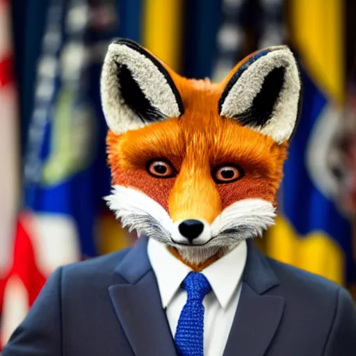 Image similar to a fox animal dressed in a suit giving a presidential press conference, 8 5 mm f / 1. 4