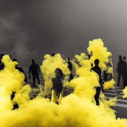 Image similar to a group of people breathing in yellow smoke, floating, possessed, euphoric, surreal, dreamy