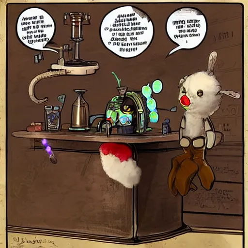 Image similar to a steampunk robot is at the bar and orders a drink from a (TY fluffy beanie baby puppy) bartender, cgsociety, old master.