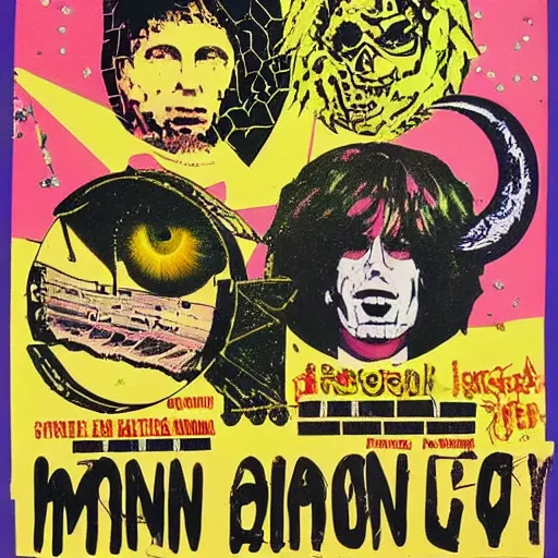 Prompt: punk rock concert poster, 1980s, collage, band name is MOON, astral, psychedelic, block letters