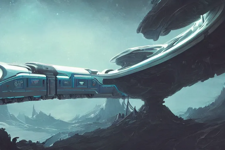 Prompt: a futuristic train riding through alien landscape, hyperdetailed, artstation, by Feng Zhu and James Paick, by Ryan Church