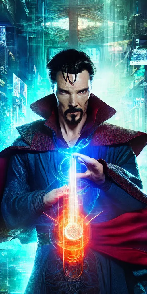 Image similar to cyberpunk, dr strange, photograph, cinematic,