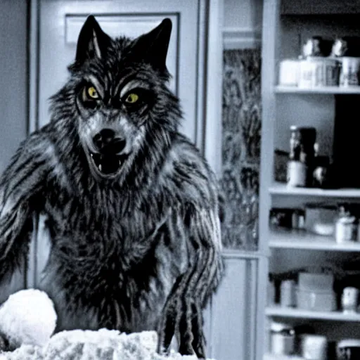 Prompt: film still of a funny looking werewolf with his hand extended, looking at a bag of flour, in an american werewolf in london