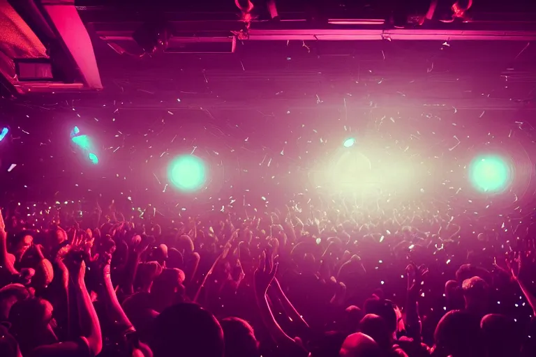 Prompt: beautiful digital art of a dj on stage spinning records with headphones looking over crowd dancing at a club by greg rutkowski, silhouette, volumetric lighting, haze, moving heads light beams, spot lights, disco ball, trending on artstation, 4k, unreal engine, intricate, ornate