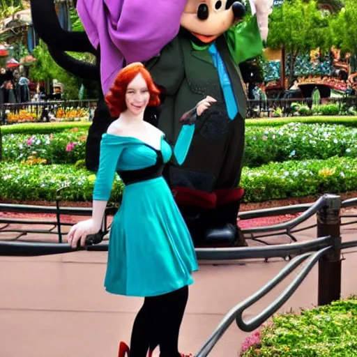 Prompt: christina hendricks in disney land,