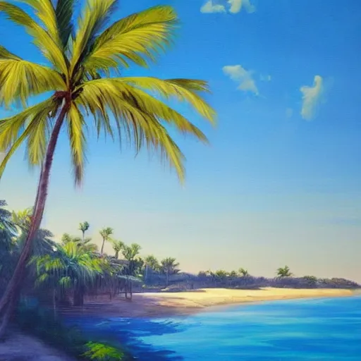 Image similar to A beautiful award winning painting of a tropical beach with palm trees and blue ocean, trending on artstation