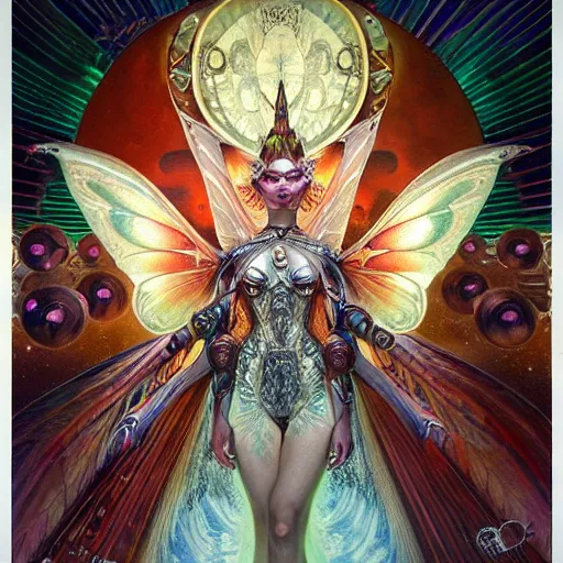 Prompt: beautiful closeup portrait of an art deco fairy queen, glowing eyes. reflective detailed textures, moth wings, highly detailed dark fantasy science fiction painting by donato giancola and peter mohrbacher and nicholas roerich and diego rivera, elaborate geometric ornament, ancient runes, silver and cool colors. artstation