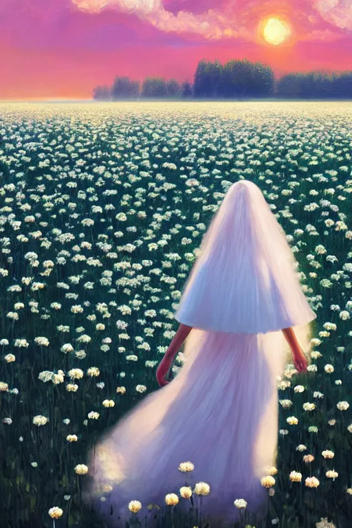 Prompt: giant white daisy flowers as head veil, girl walking in a flower field, surreal photography, sunrise, dramatic light, impressionist painting, colorful clouds, digital painting, artstation, simon stalenhag