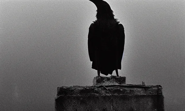 Prompt: raven standing on tombstone, midnight colors, photograph taken by giger and beksinski and death fog and decaying megacity