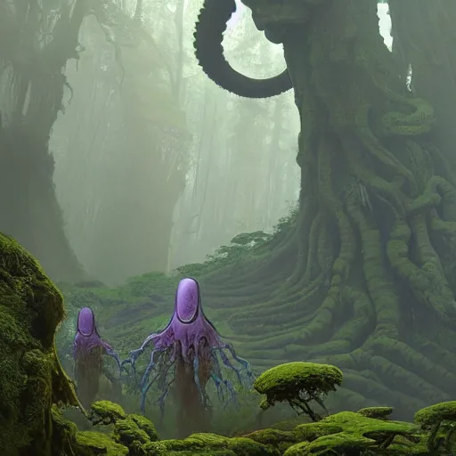 Prompt: tentacular, violet alien undergrowth overwhelming a redwood forest, ferns and waterfalls shadow of the colossus screenshot by j. c. leyendecker, simon stalenhag, studio ghibli, barlowe, audobon and beksinski