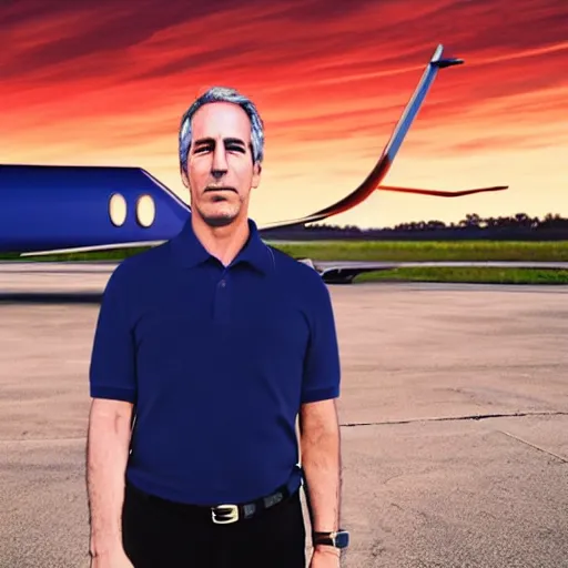 Image similar to aesthetic illustration of jeffrey epstein, wearing a dark blue polo shirt, standing by his bombardier private jet on an empty runway at dusk, cinematic lighting, high detail, volumetric lights, rule of thirds, unreal engine 5 render, pinterest wallpaper, trending on artstation