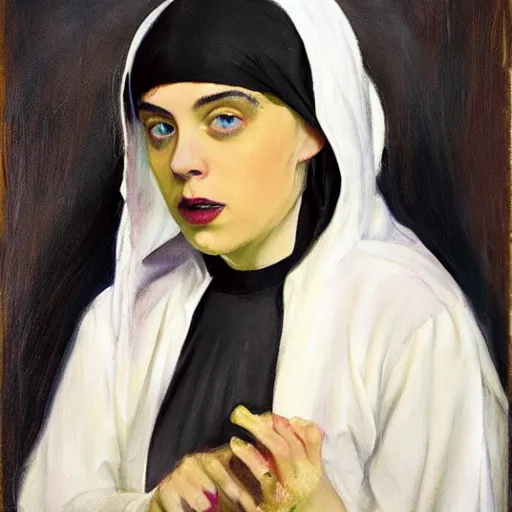 Image similar to Billie Eilish as a nun, painted by Robert Henri