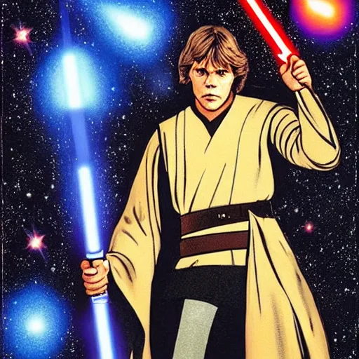 Prompt: luke skywalker pointing at stars with his lightsaber