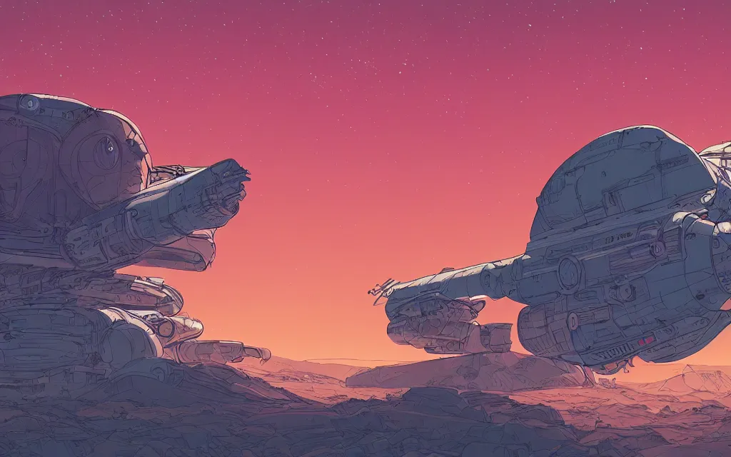 Image similar to very detailed, prophet graphic novel, ilya kuvshinov, mcbess, rutkowski, simon roy, illustration of a giant crashed space ship on a desert planet, wide shot, colorful, cinematic composition, astrophotography