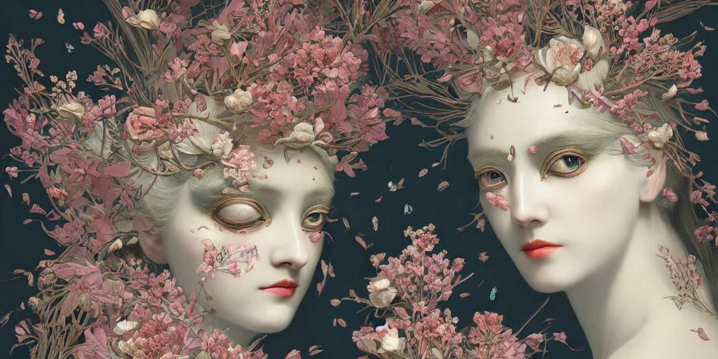 Image similar to breathtaking detailed concept art painting art deco pattern of blonde faces goddesses amalmation flowers with anxious piercing eyes and blend of flowers and birds, by hsiao - ron cheng and john james audubon, bizarre compositions, exquisite detail, extremely moody lighting, 8 k