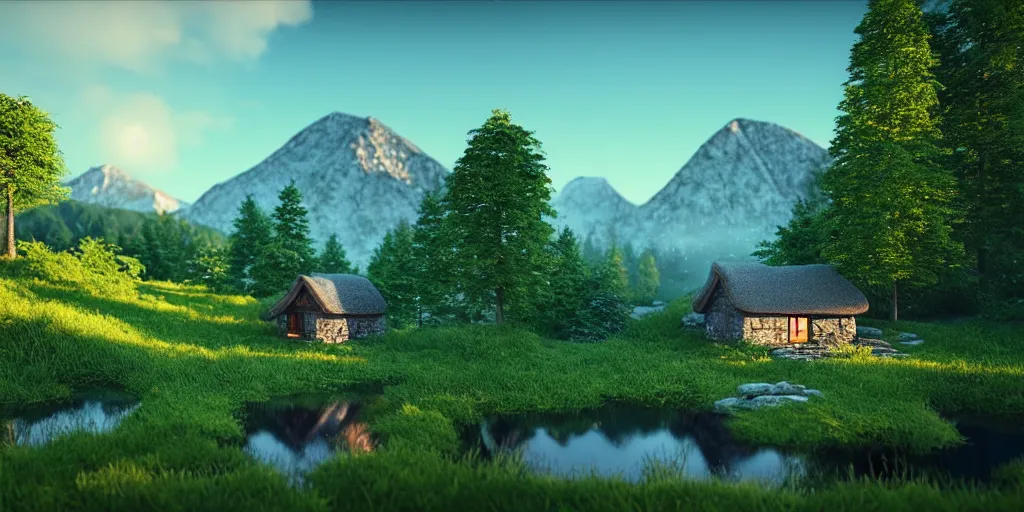 Image similar to a beautiful fantasy landscape, mountain in background, little cottage, small pond, some trees in the corner. hyper realism, octane render