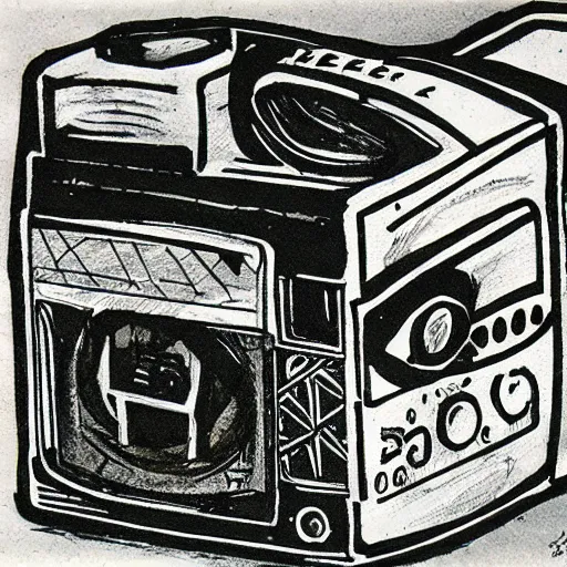 Prompt: a videotape cassette ink drawing