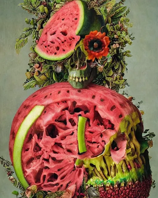 Image similar to interdimensional human watermelon skull being made out of fruits, ethereal still life renaissance painting by giuseppe arcimboldo and alex grey