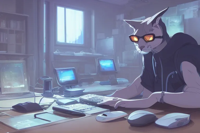 Image similar to a nerdy caracal is programming at a computer in a room full of gadgets, by makoto shinkai and ghibli studio, dramatic lighting, highly detailed, incredible quality, trending on artstation