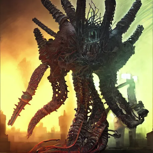 Image similar to phyrexian dreadnought plus borg queen hybrid with protomolecule vesicles being possessed by the machine spirit artists tram pararam and doctor seuss with beryl cook and hr giger neon high contrast cinematic light, mystical shadows, sharp focus, warhammer fourty k, octane render