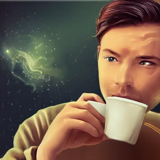 Image similar to startup CEO having a cup of tea. Handsome!!!!!!! sci-fi concept art photorealistic!!!!!