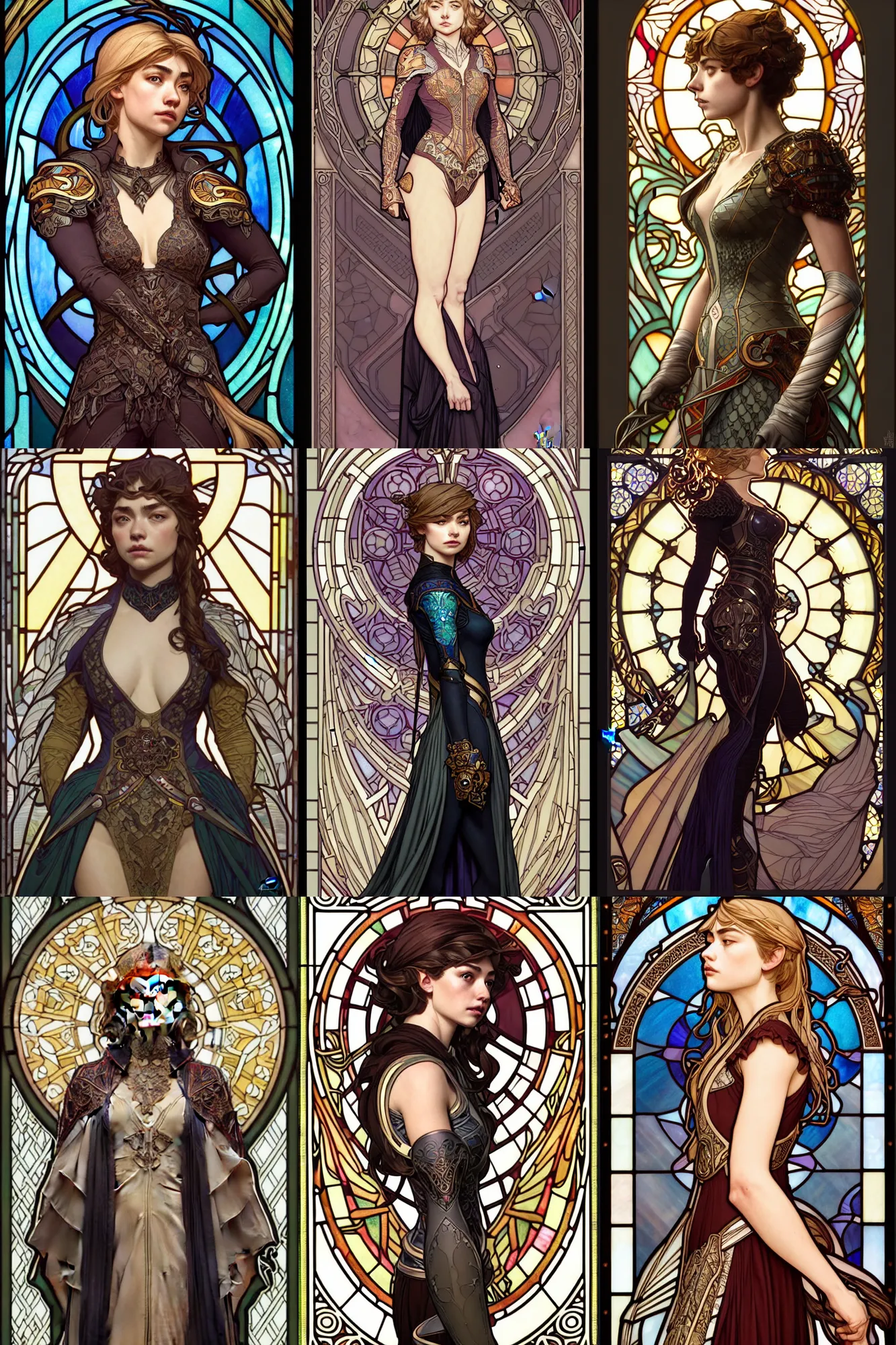 Prompt: full - body side profile portrait, imogen poots paladin, by artgerm, cushart krenz, greg rutkowski. art nouveau neo - gothic stained glass by mucha. dota. swirly intricate glass linework background. gaudy colors, sharp edges. ultra clear detailed. 8 k. elegant. octane render