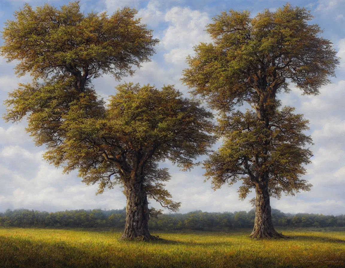 Image similar to hyper realistic oil painting of lonely oak tree, hd, hdr, by stanisław wyspianski, ultra detailed, high resolution