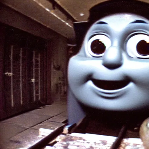 Image similar to creepy found footage of Thomas the tank engine super close up zoom fish eye staring at you terrifying backrooms horror