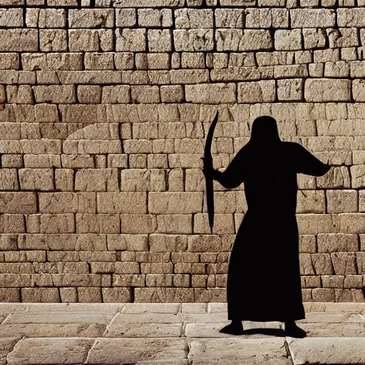 Image similar to award winning cinematic still of 40 year old Mediterranean skinned man in Ancient Canaanite clothing building a wall in Jerusalem, holding a sword and a chisel, dramatic lighting, strong shadows, directed by Peter Jackson