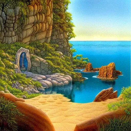 Image similar to Fantasy illustration by Clyde Caldwell You step to the edge of the rocky opening and peer over. You see a tranquil pool of water and a sandy beach 20 feet below. The opening’s bottom leads to a cave, its verdant flora a stark contrast to the rocky sides. You hear chirruping animals sounds emanating from the opening.