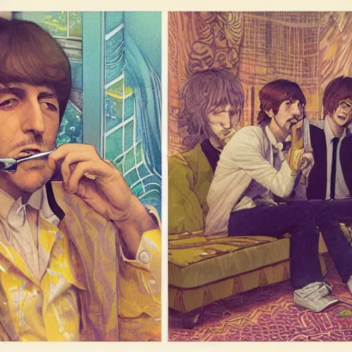 Image similar to The Beatles smoking weed in a hotel room with Bob Dylan, yellow theme, by krenz cushart and mucha and yoneyama mai and greg rutkowski
