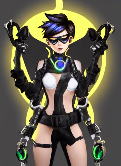 Image similar to full body digital artwork of tracer overwatch, wearing black iridescent rainbow latex, 4 k, expressive happy smug expression, makeup, in style of mark arian, wearing detailed black leather collar, wearing chains, black leather harness, leather cuffs around wrists, detailed face and eyes,