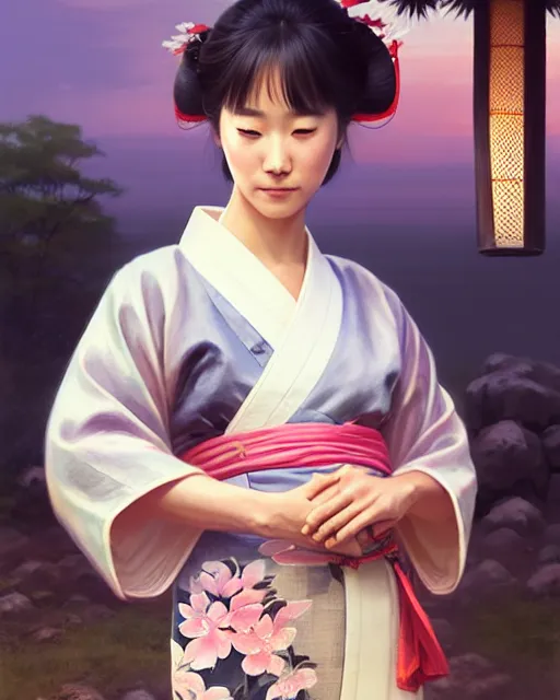 Image similar to a beautiful okinawa girl wear elegant yukata in festival | | summer night, realistic shaded, pleasant face, good looking, fine details, 4 k realistic, cryengine, realistic shaded lighting poster by greg rutkowski, magali villeneuve, artgerm, jeremy lipkin and michael garmash and rob rey