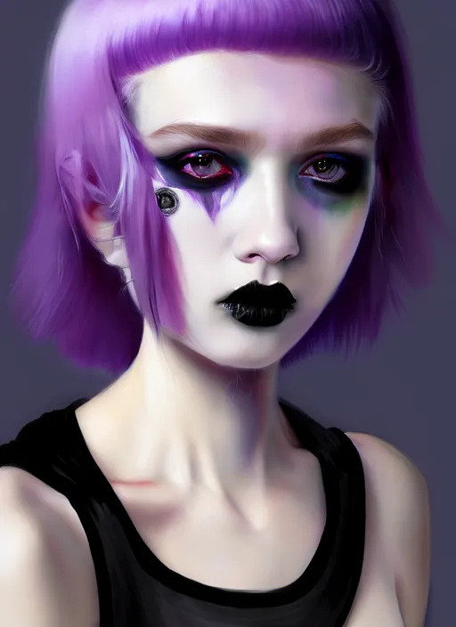 Image similar to portrait of white teenage girl, normal face, white bangs, mall goth, cyberlox, black and white hair, bangs, fluffy bangs, red contact lenses, purple lipstick, intricate, elegant, highly detailed, digital painting, artstation, concept art, sharp focus, smooth, illustration, art by wlop, mars ravelo and greg rutkowski