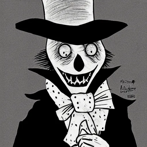 Image similar to a Pop Wonder scary horror themed goofy-hilarious-character Babadook-scarecrow-madhatter-williewonka-wearing a scarf, 3-piece-suit, dime-store-comic drawn with charcoal and pen and ink, half-tone-line-stacking