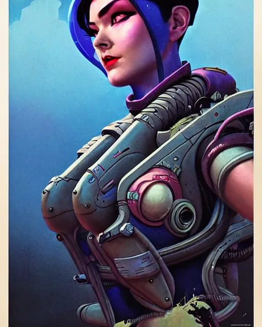 Image similar to widowmaker from overwatch, character portrait, portrait, close up, concept art, intricate details, highly detailed, vintage sci - fi poster, retro future, in the style of chris foss, rodger dean, moebius, michael whelan, and gustave dore