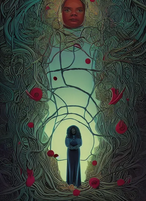 Prompt: poster artwork by Michael Whelan and Tomer Hanuka, Karol Bak of Octavia Spencer has a thousand voices in her head, reality is a labyrinth, psychological thriller from scene from Twin Peaks, clean, simple illustration, nostalgic, domestic, full of details