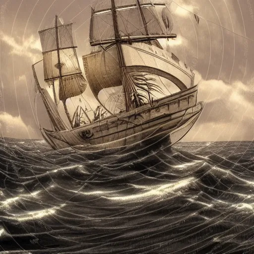 Prompt: grand maori ship fantasy high seas rain wind moody