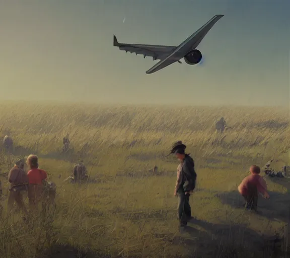 Image similar to people near the plane at the airfield, the view from the drone, portrait, close view, painting by craig mullins, octane rendering, soft morning lighting, wide angle lens, in the style of hayao miyazaki, trending on artstation,