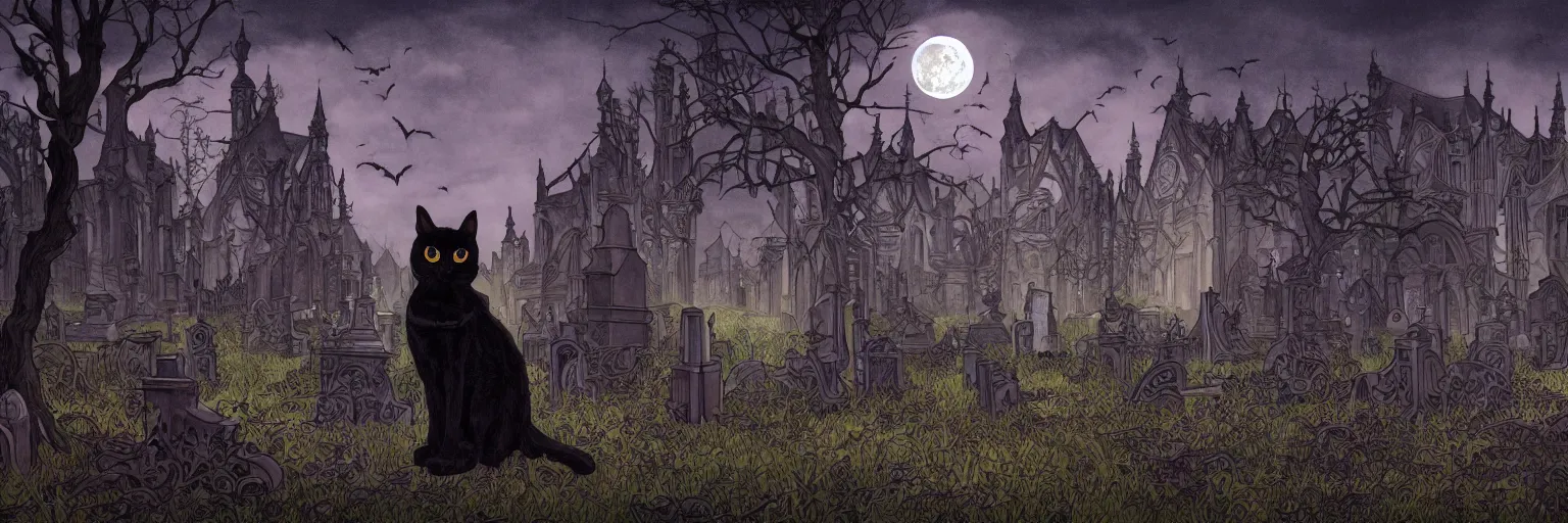 Image similar to an ultra detailed animation of a black cat in a graveyard at midnight on halloween, tattoo on shohulder, digital art, dark fantasy, concept art, soulslike, by alphonse mucha, blood moon eclipse, ruined building in the background, artstation, 8 k, unreal engine render