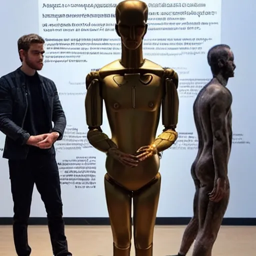 Image similar to “a realistic detailed photo of a guy who is an attractive humanoid who is half robot and half humanoid, who is a male android, actor Liam Hemsworth, shiny skin, posing like a statue, blank stare, at the museum, on display”